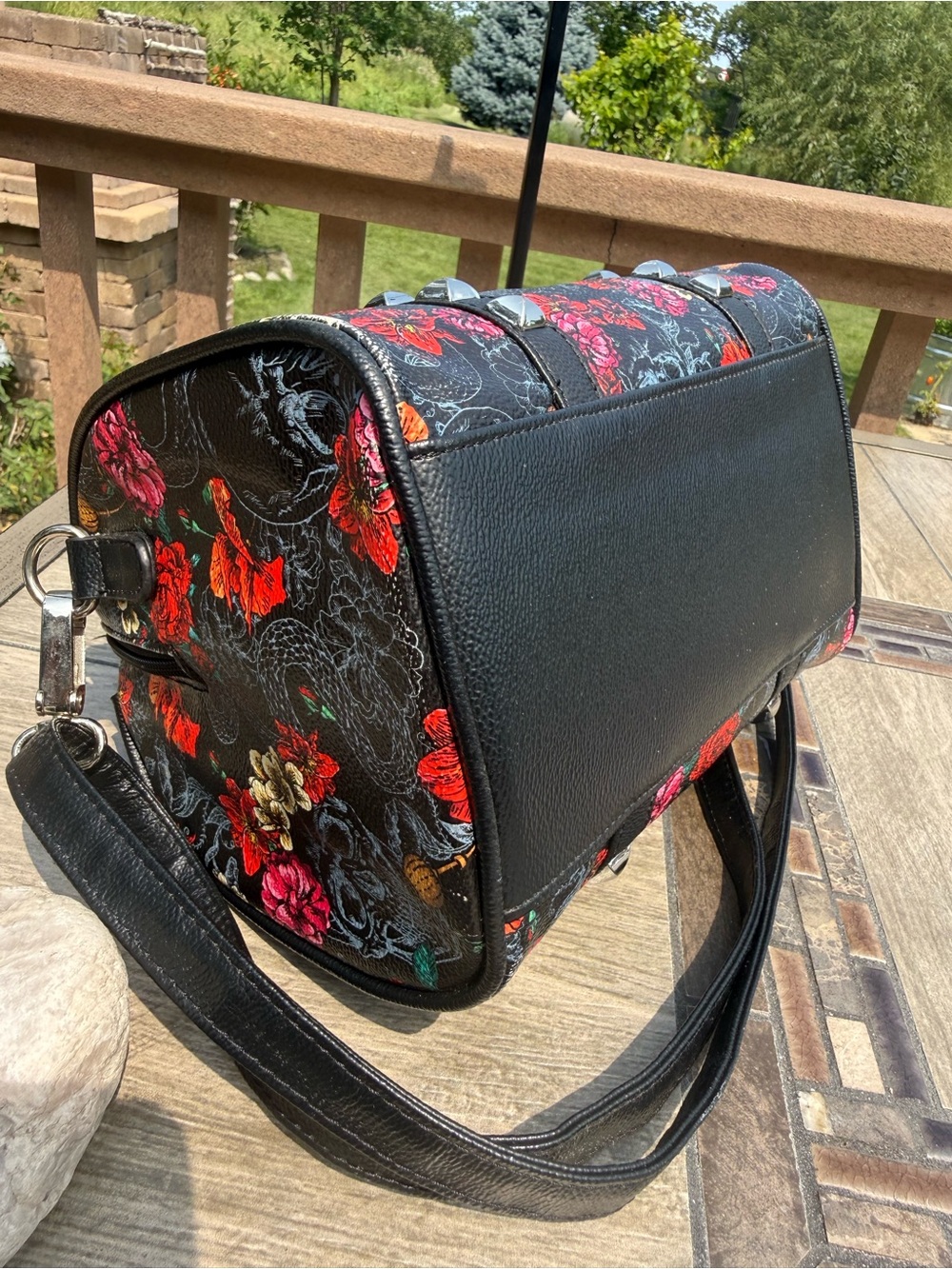 EUC Loungefly Black Floral Skull Mini Satchel with Red & Pink Roses - Picture 7 of 11